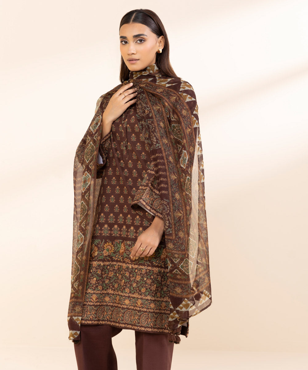 Women's Unstitched Khaddar Printed Brown 3 Piece Suit