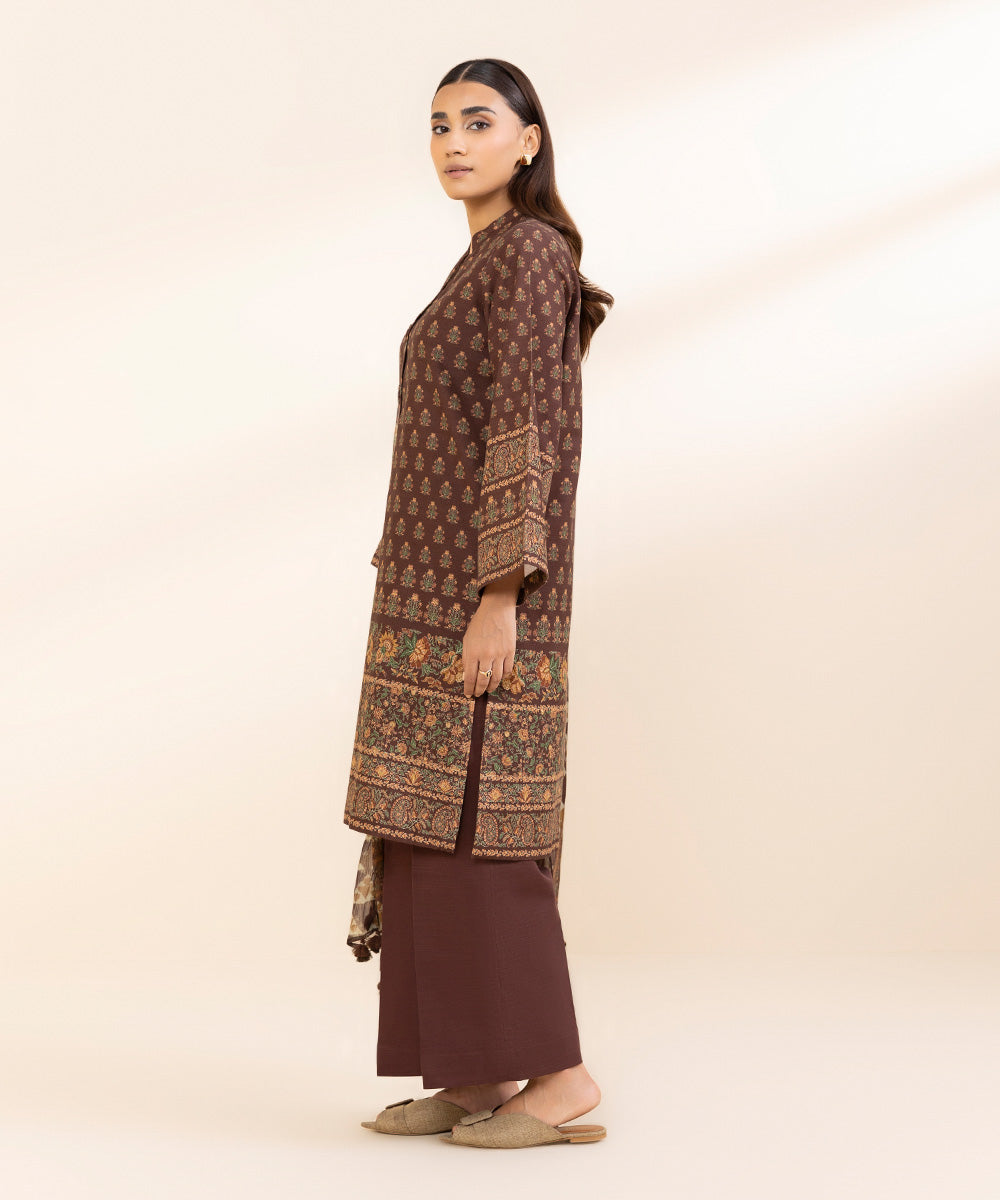 Women's Unstitched Khaddar Printed Brown 3 Piece Suit