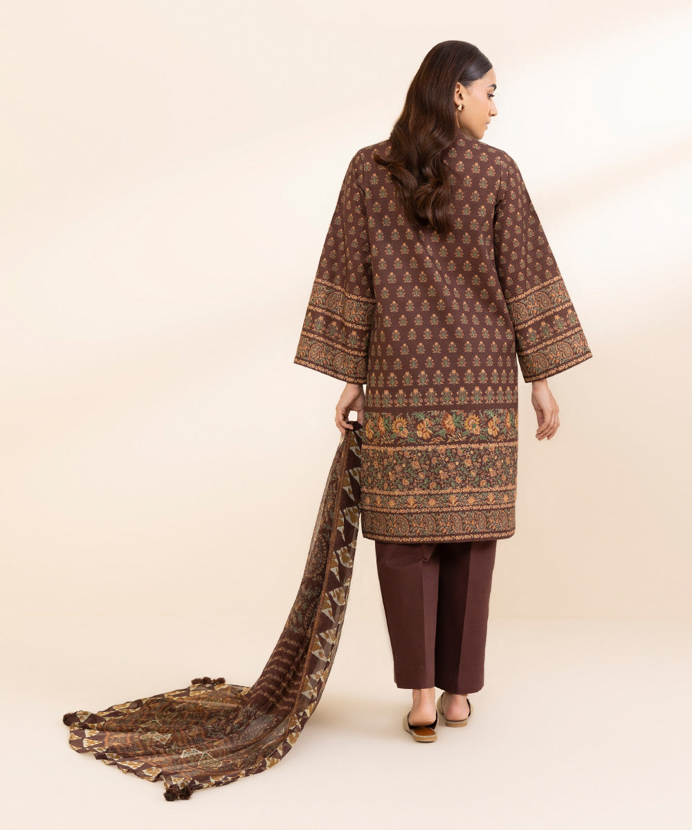 Women's Unstitched Khaddar Printed Brown 3 Piece Suit