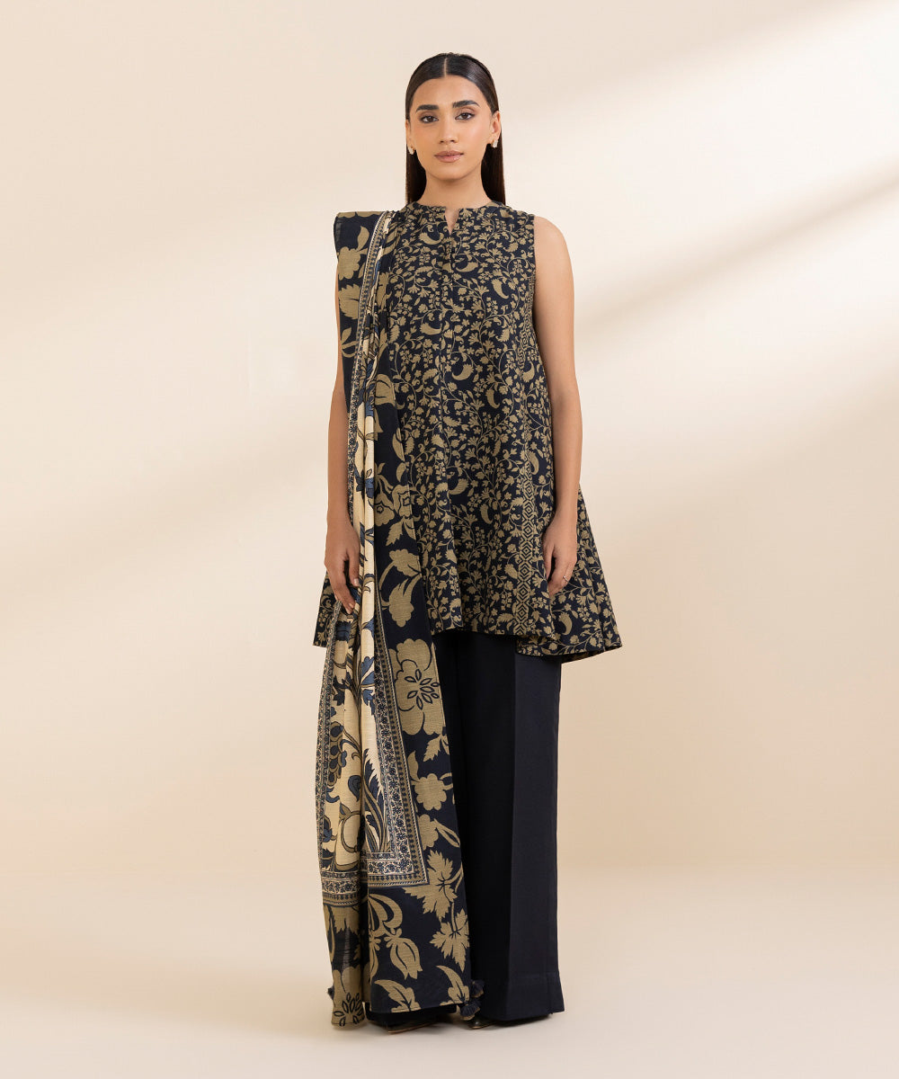 Women's Unstitched Khaddar Printed Black 2 Piece Suit