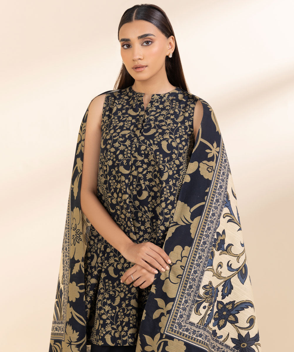 Women's Unstitched Khaddar Printed Black 2 Piece Suit