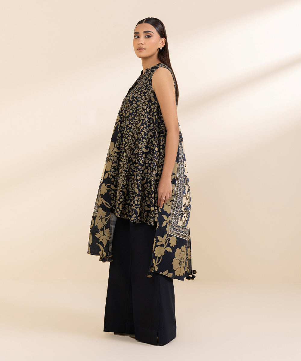 Women's Unstitched Khaddar Printed Black 2 Piece Suit