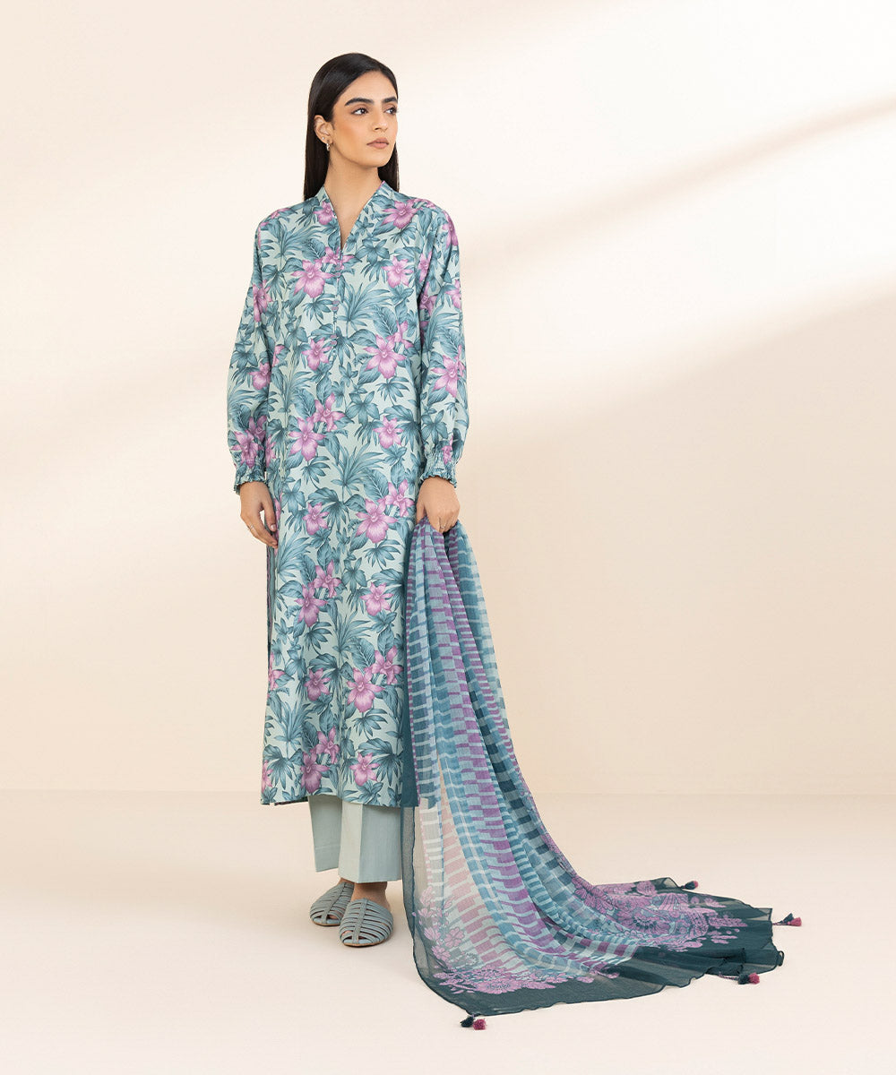 Women's Unstitched Lawn Printed Blue 3 Piece Suit