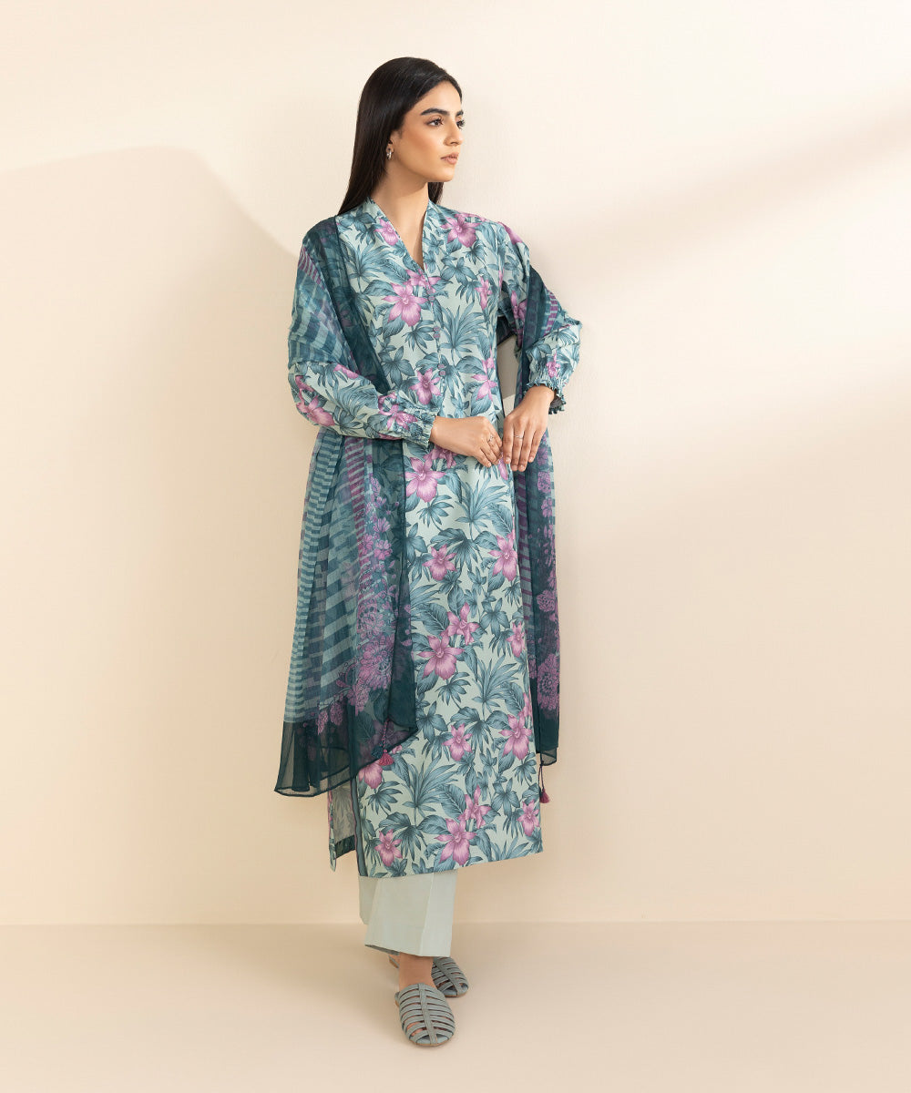 Women's Unstitched Lawn Printed Blue 3 Piece Suit