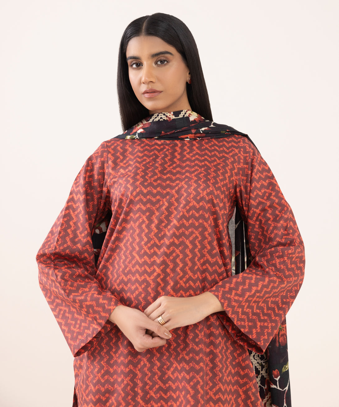 Women's Unstitched Lawn Printed Red 3 Piece Suit