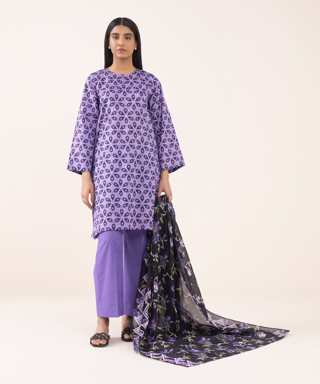 Women's Unstitched Lawn Printed Purple 3 Piece Suit