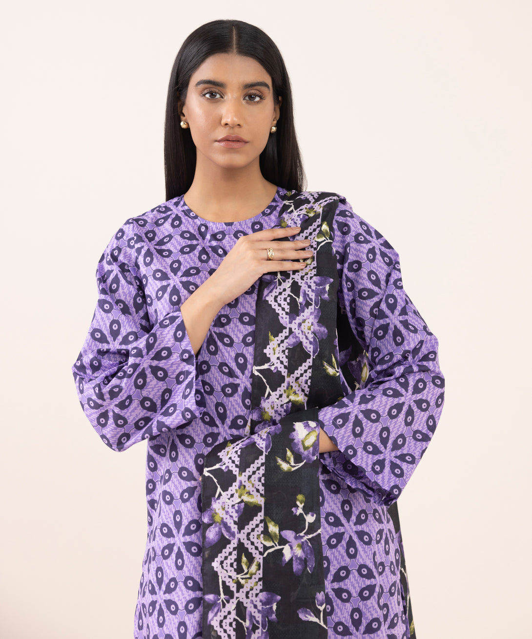 Women's Unstitched Lawn Printed Purple 3 Piece Suit