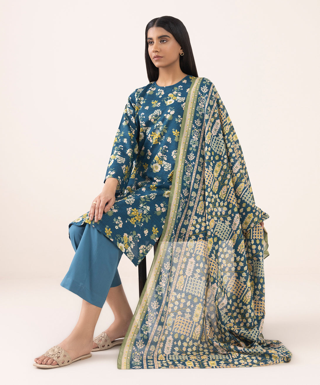 Women's Unstitched Lawn Printed Blue 3 Piece Suit