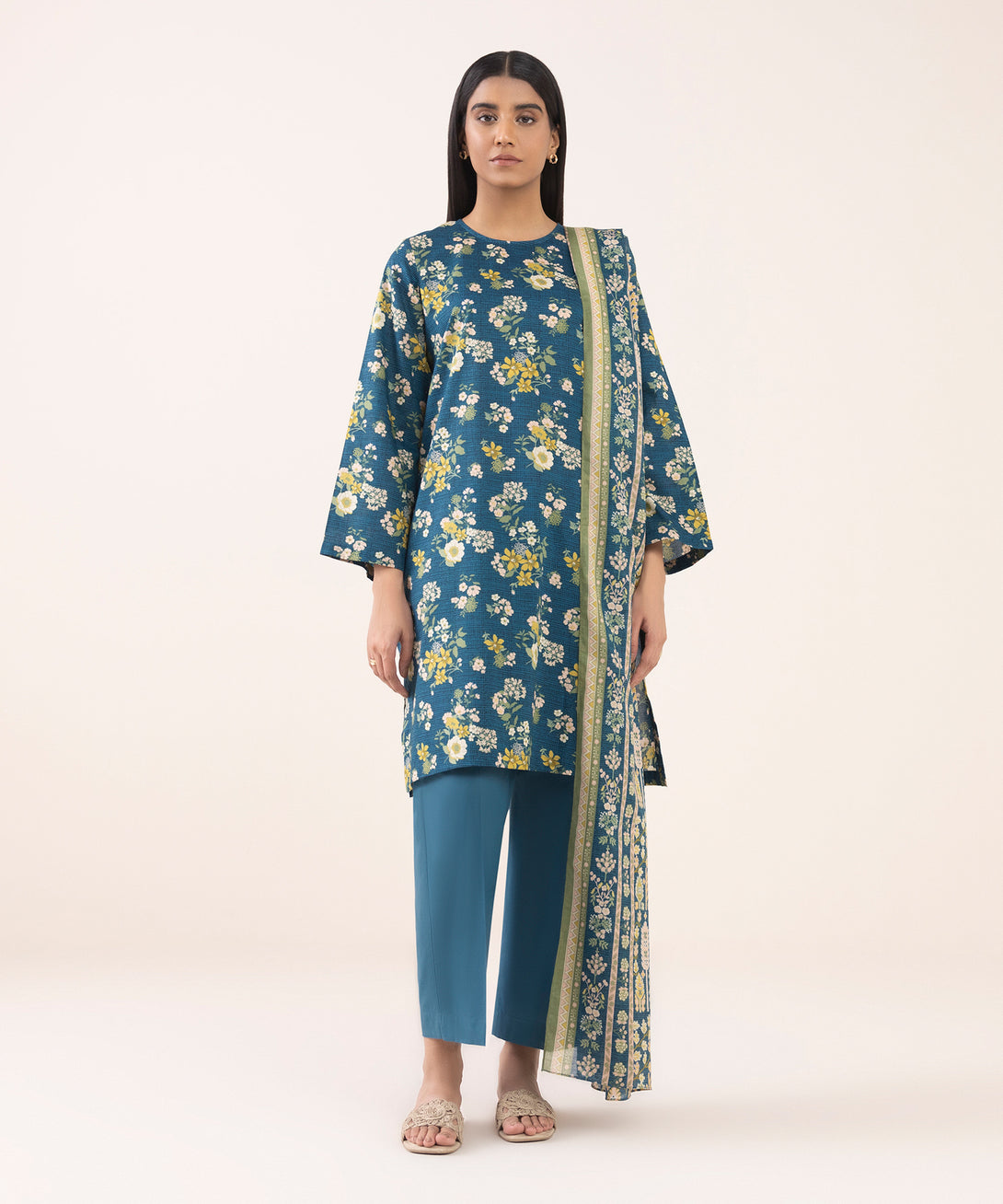 Women's Unstitched Lawn Printed Blue 3 Piece Suit