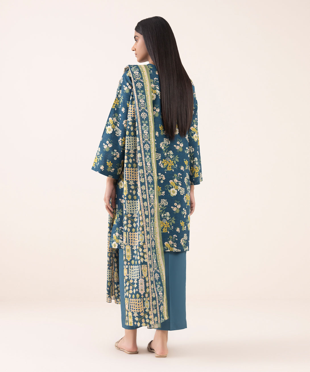 Women's Unstitched Lawn Printed Blue 3 Piece Suit