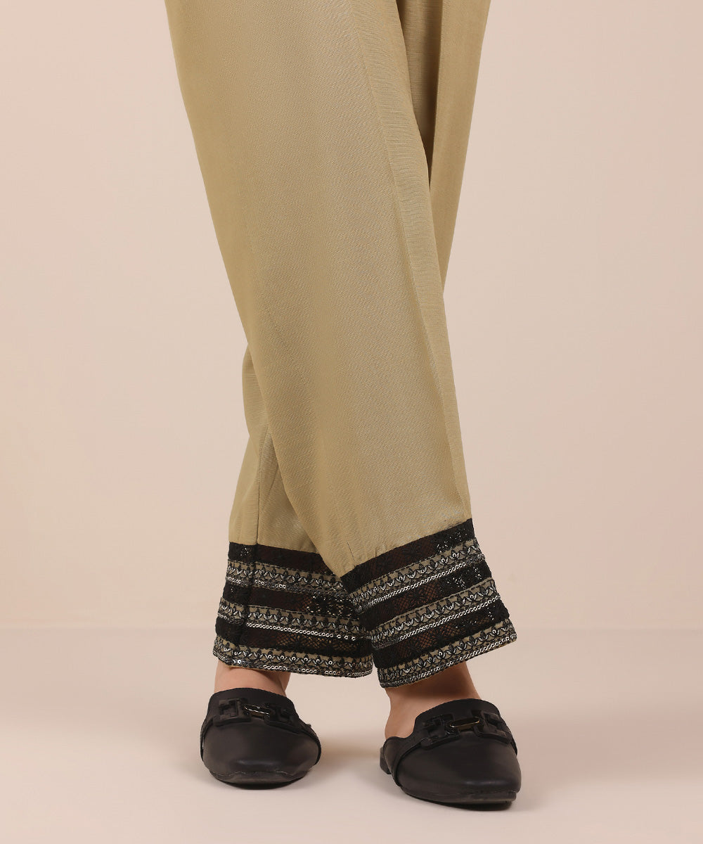 Women's Pret Brown Solid Embroidered Dull Viscose Raw Silk Straight Trousers