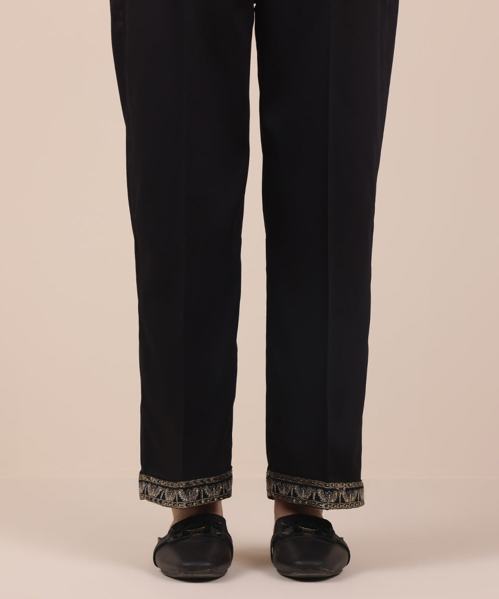 Women's Pret Black Solid Embroidered Cotton Satin Straight Trousers