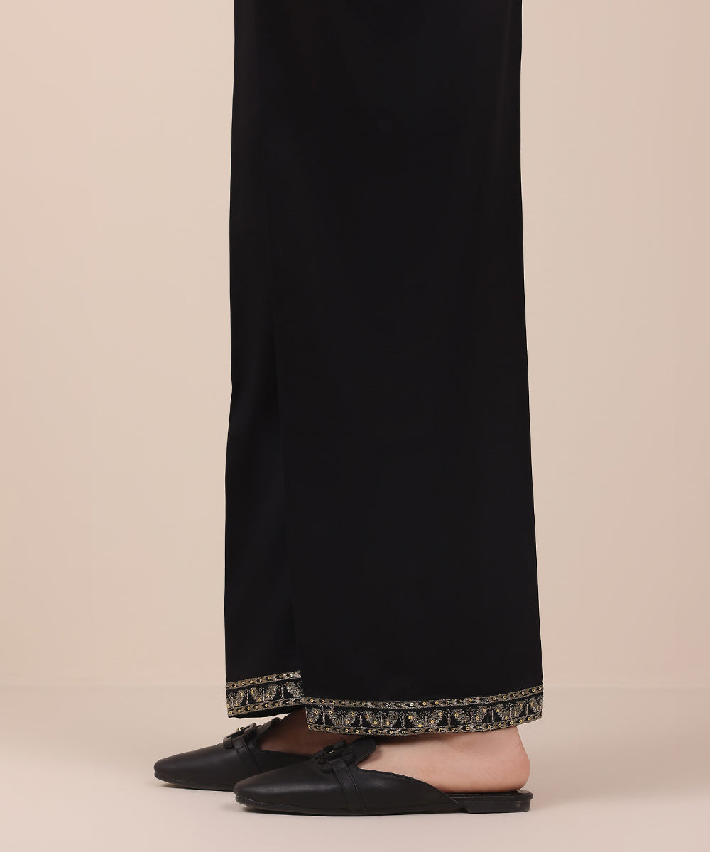 Women's Pret Black Solid Embroidered Cotton Satin Straight Trousers