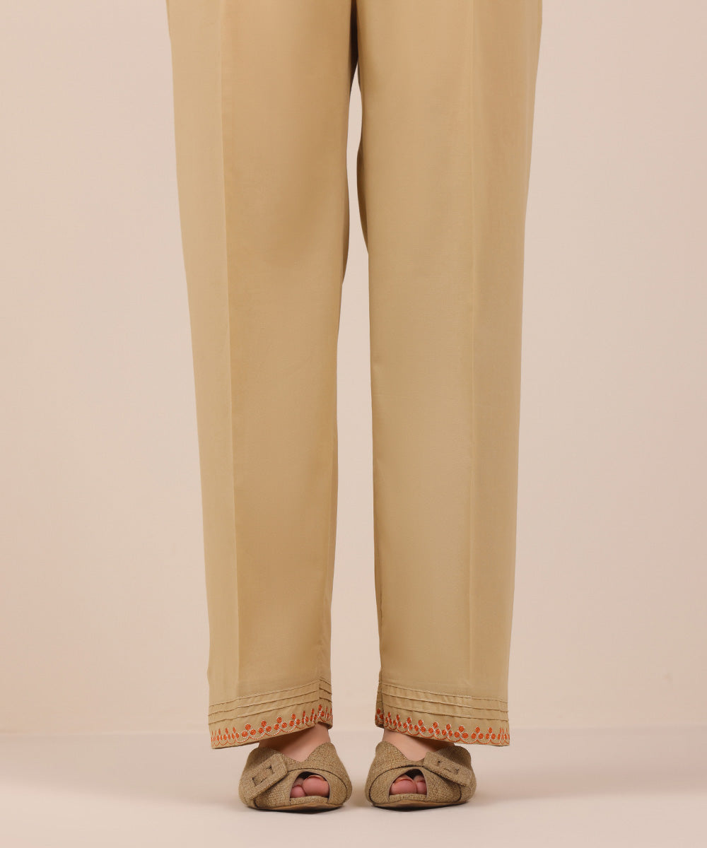 Women's Pret Beige Solid Embroidered Cambric Straight Trousers