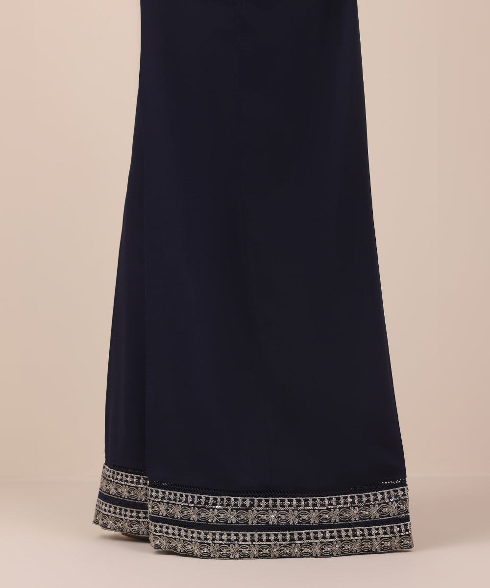 Women's Pret Blue Solid Embroidered Dull Viscose Raw Silk Culottes Trousers