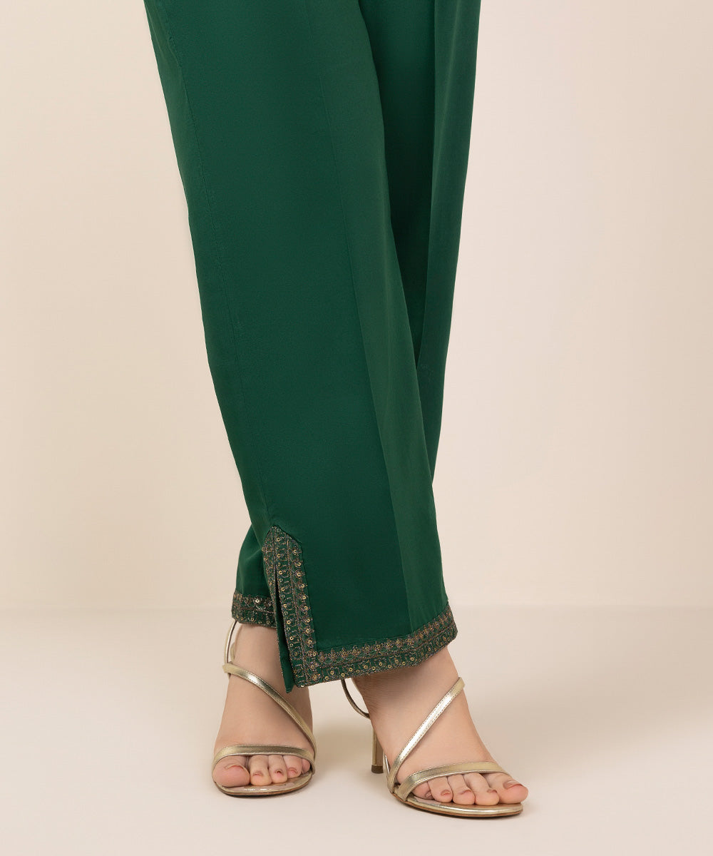 Women's Pret Green Solid Embroidered Cotton Satin Straight Trousers