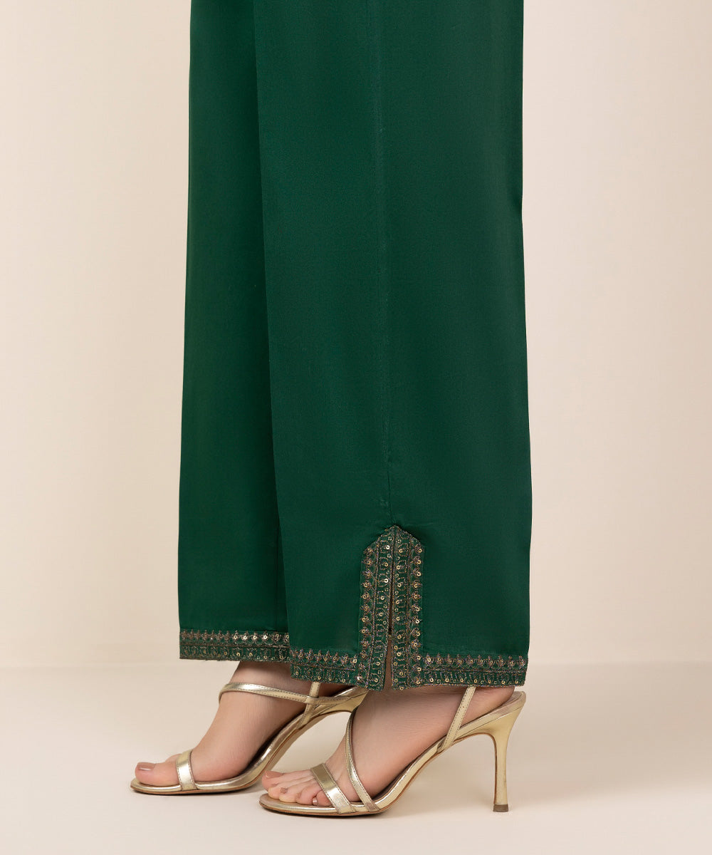 Women's Pret Green Solid Embroidered Cotton Satin Straight Trousers