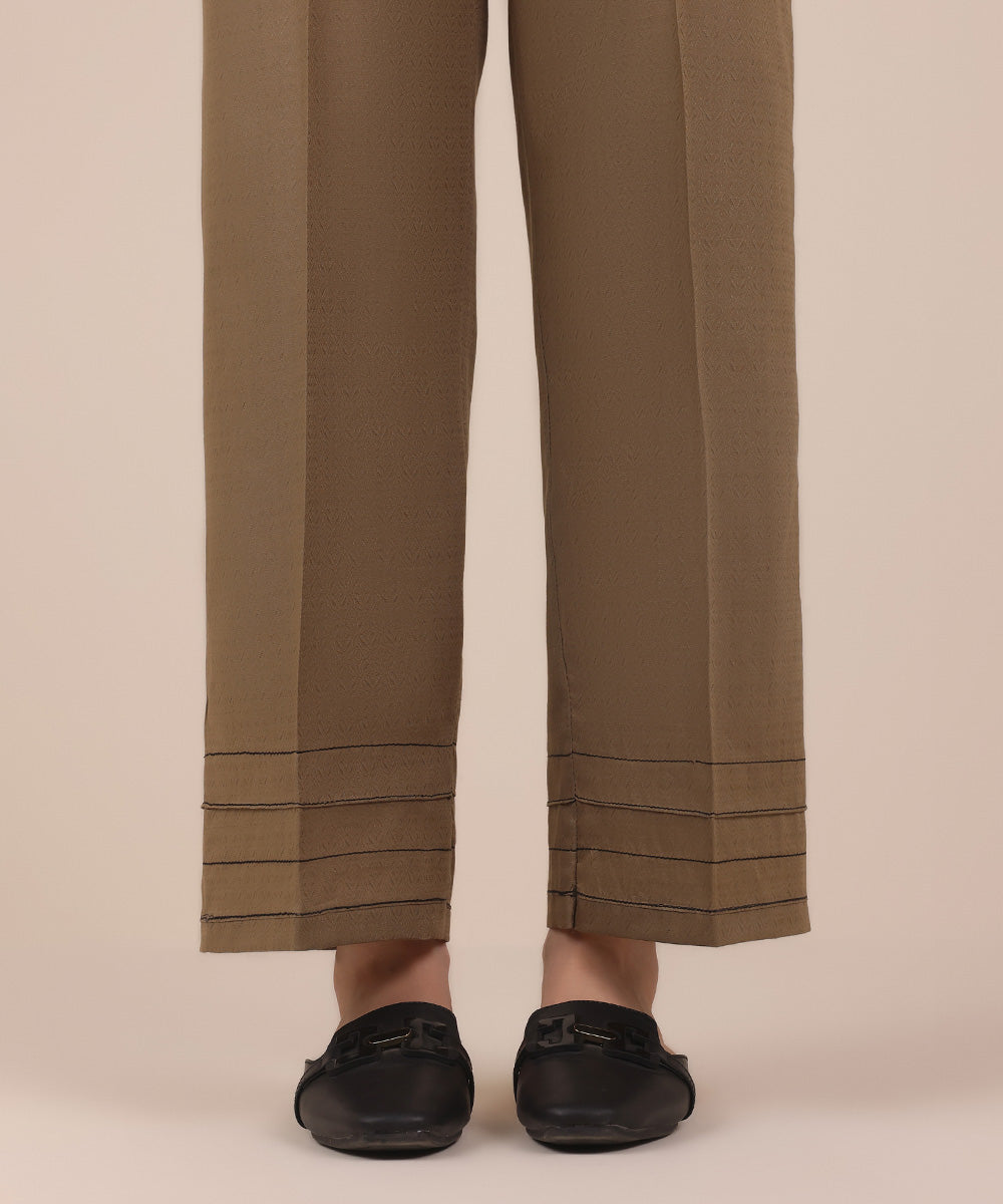 Women's Pret Brown Solid Dobby Straight Trousers