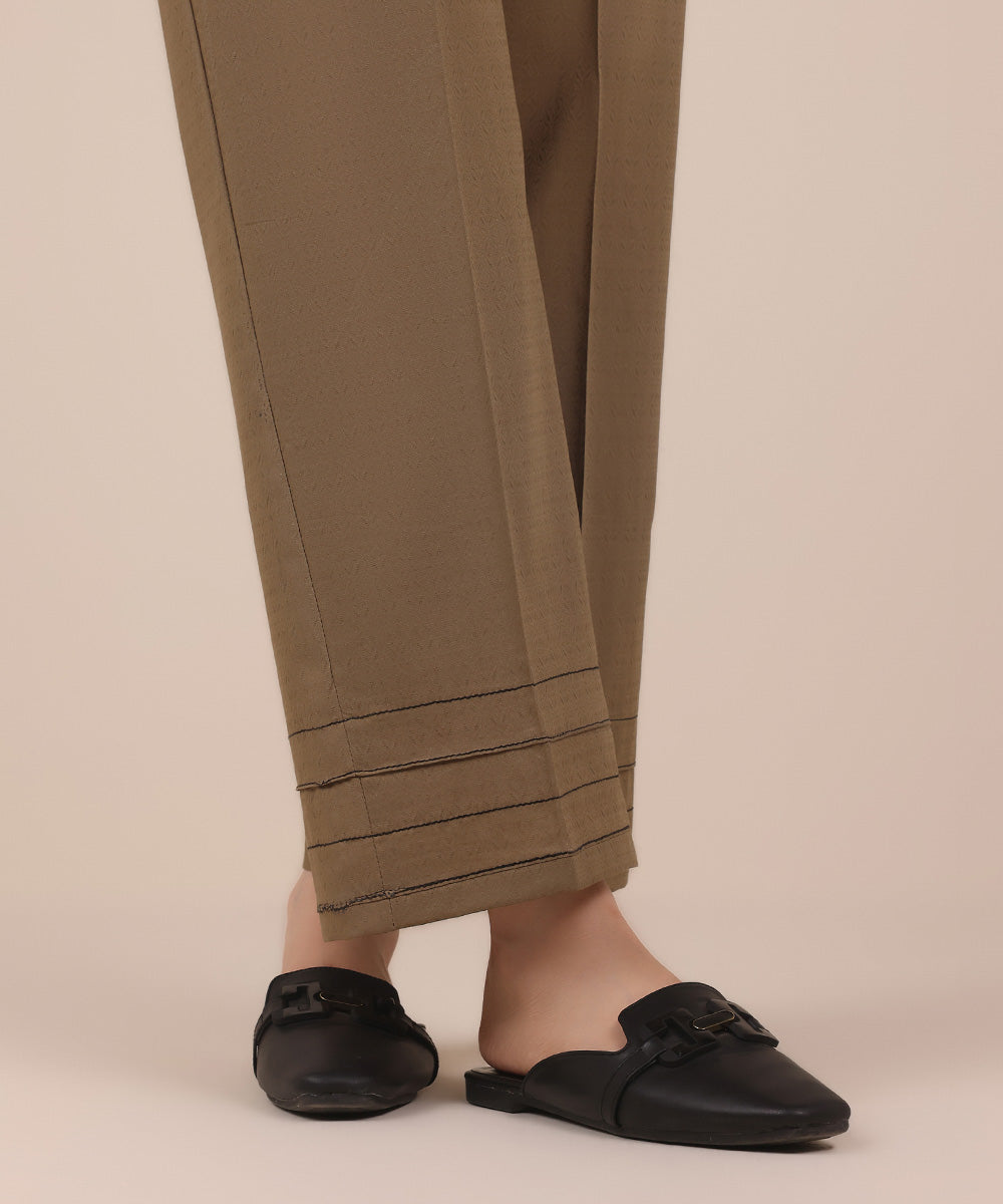 Women's Pret Brown Solid Dobby Straight Trousers