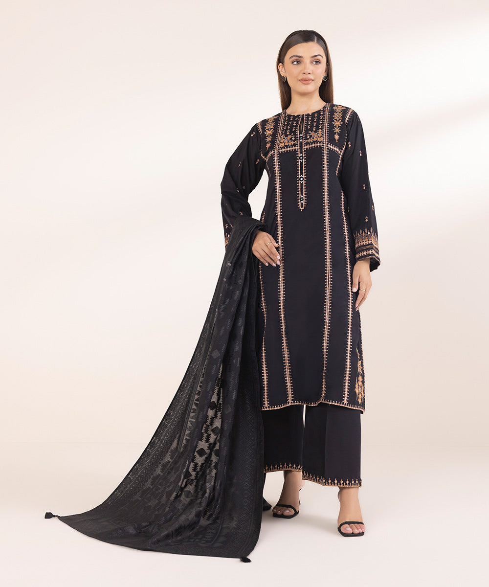 Women's Pret Black Solid Extra Weft Jacquard Dupatta