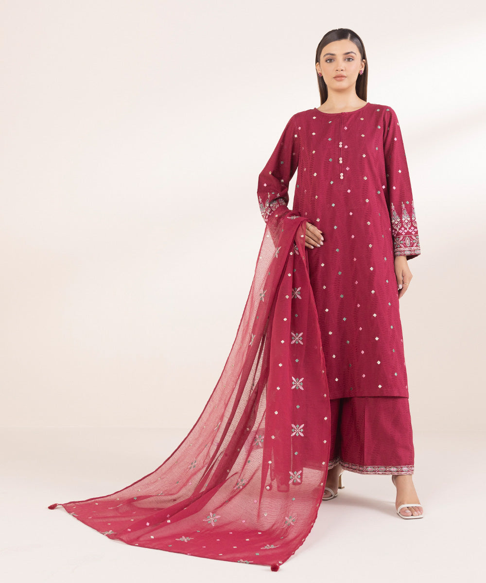 Women's Pret Red Solid Embroidered Blended Textured Karandi Dupatta