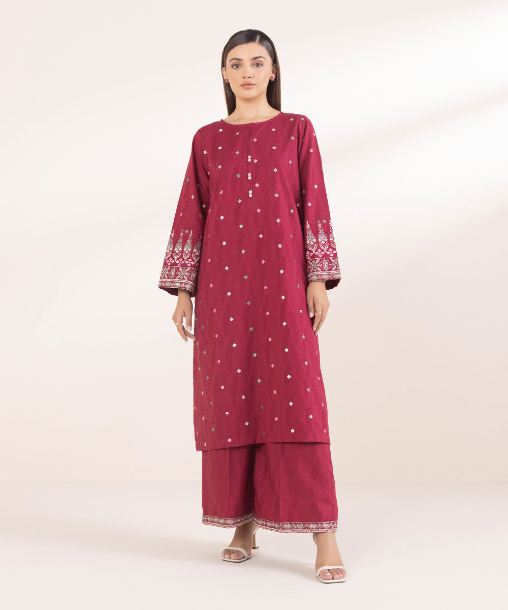 Women's Pret Red Solid Embroidered Cotton Jacquard A-Line Shirt