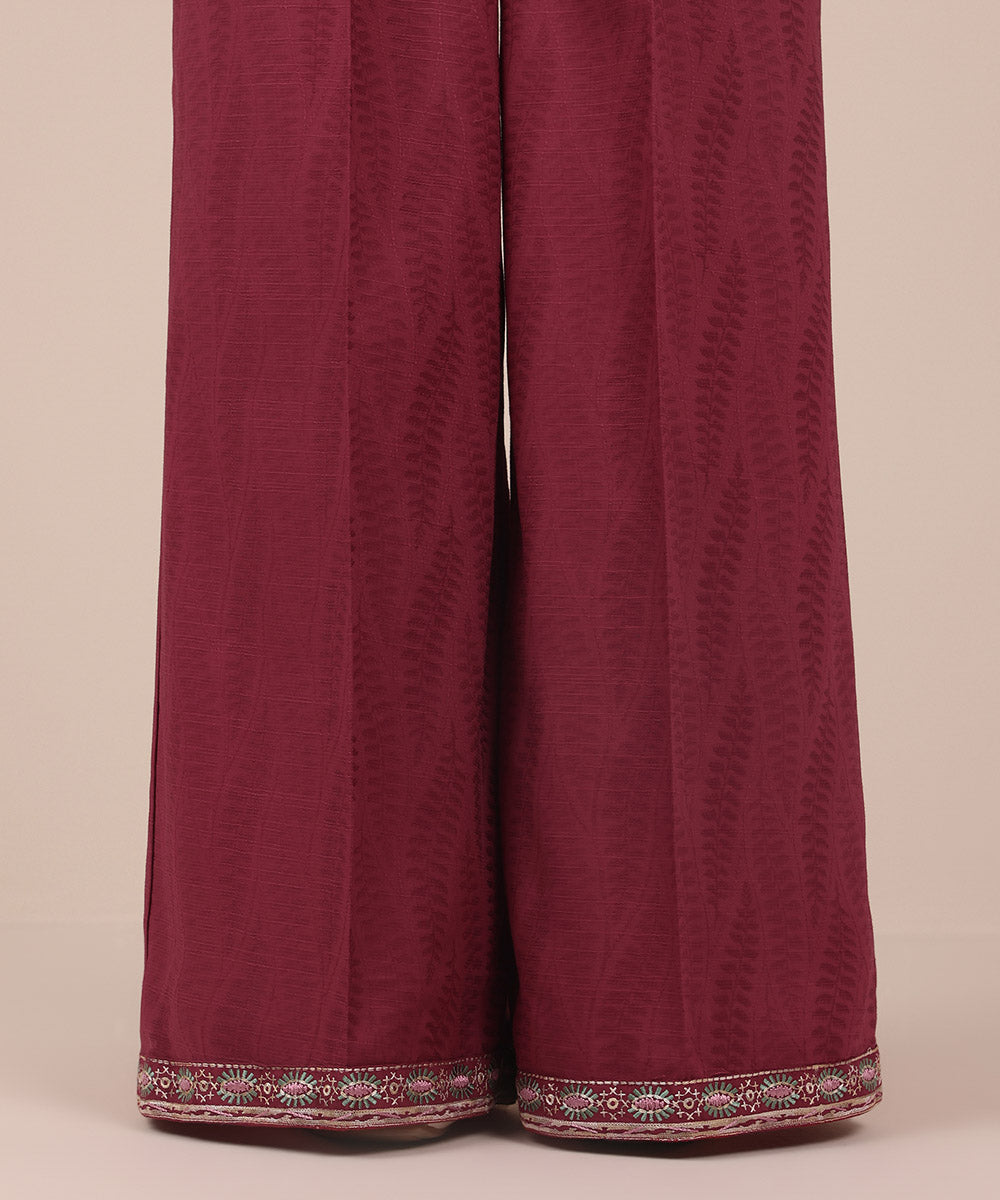 Women's Pret Red Solid Embroidered Cotton Jacquard Culottes Trousers