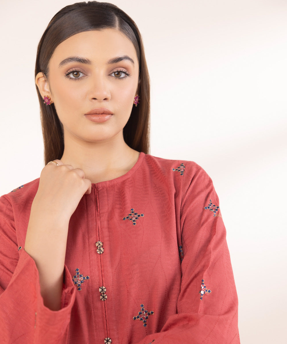 Women's Pret Pink Solid Embroidered Cotton Jacquard A-Line Shirt