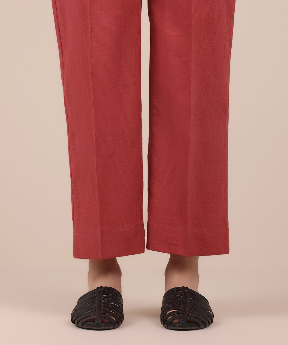 Women's Pret Pink Solid Cotton Jacquard Straight Trousers