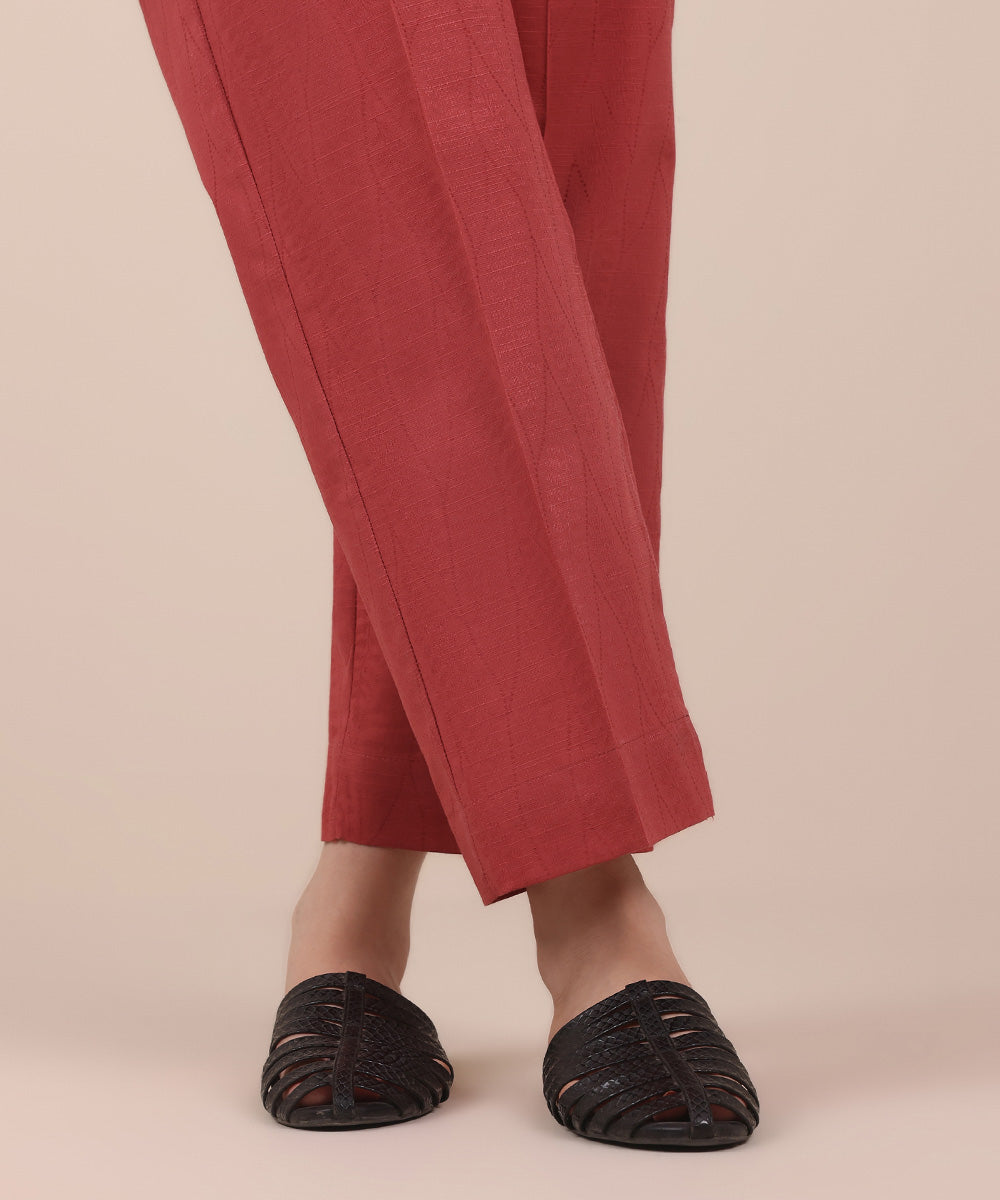 Women's Pret Pink Solid Cotton Jacquard Straight Trousers