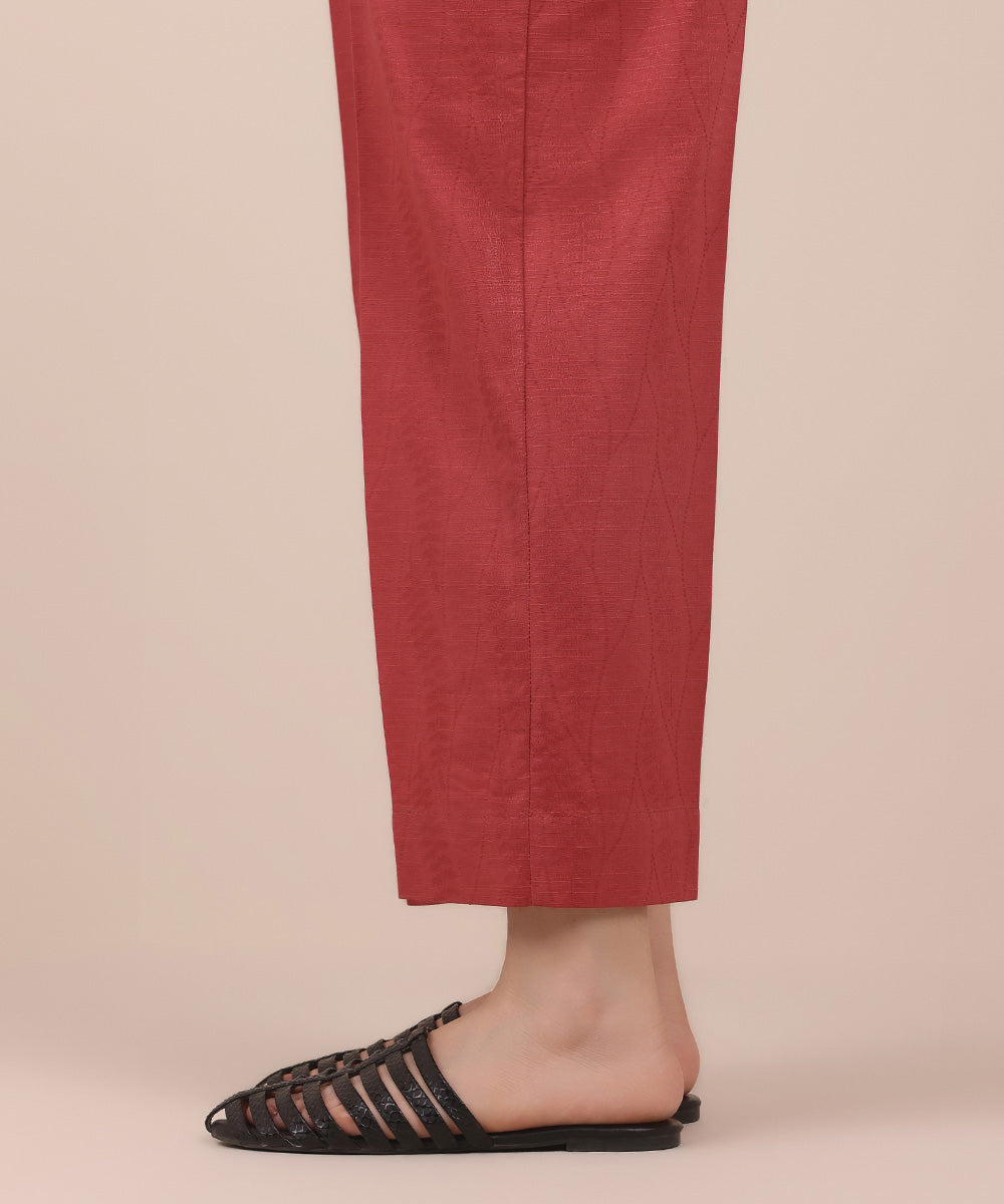 Women's Pret Pink Solid Cotton Jacquard Straight Trousers