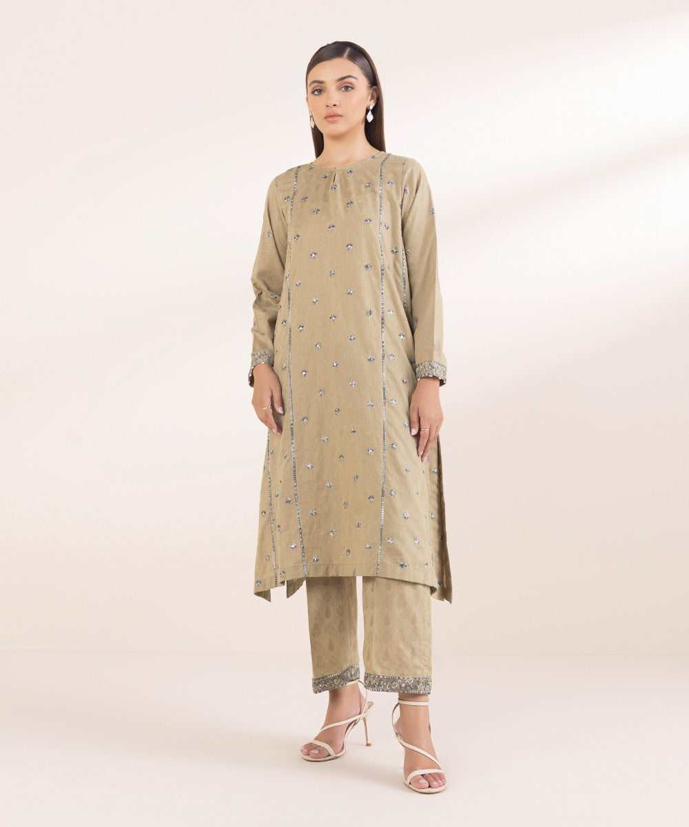 Women's Pret Beige Solid Embroidered Cotton Jacquard A-Line Flared Shirt