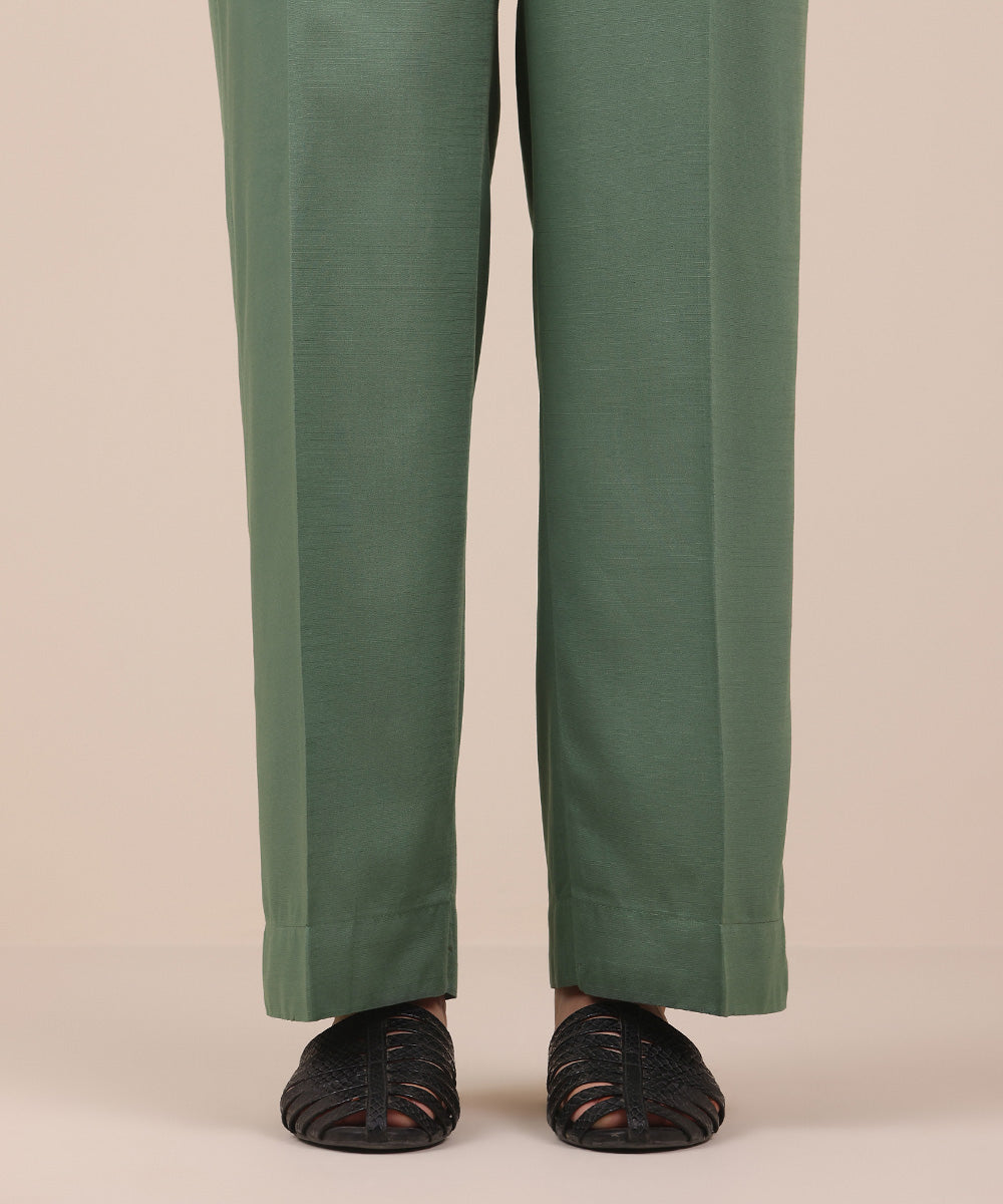 Women's Pret Green Solid Dull Viscose Raw Silk Straight Trousers