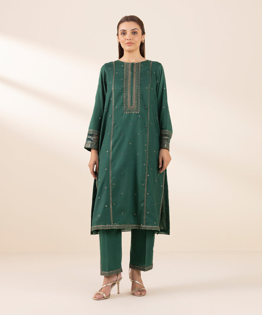 Women's Pret Green Solid Embroidered Cotton Satin A-Line Shirt