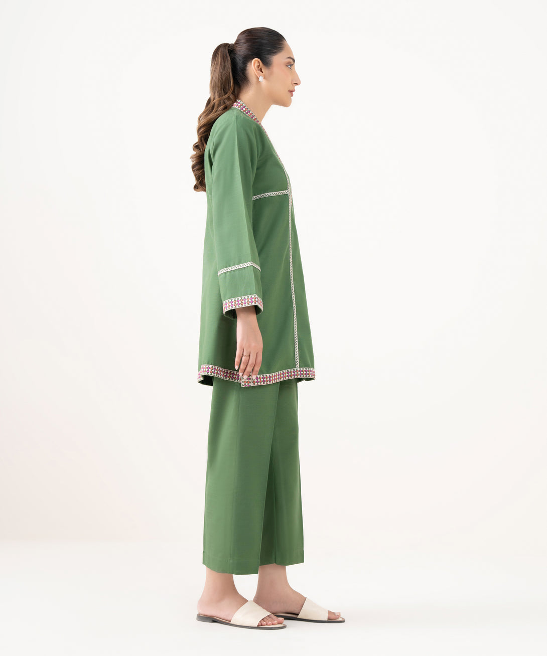 Women's RTW Cotton Embroidered Green Straight Shirt
