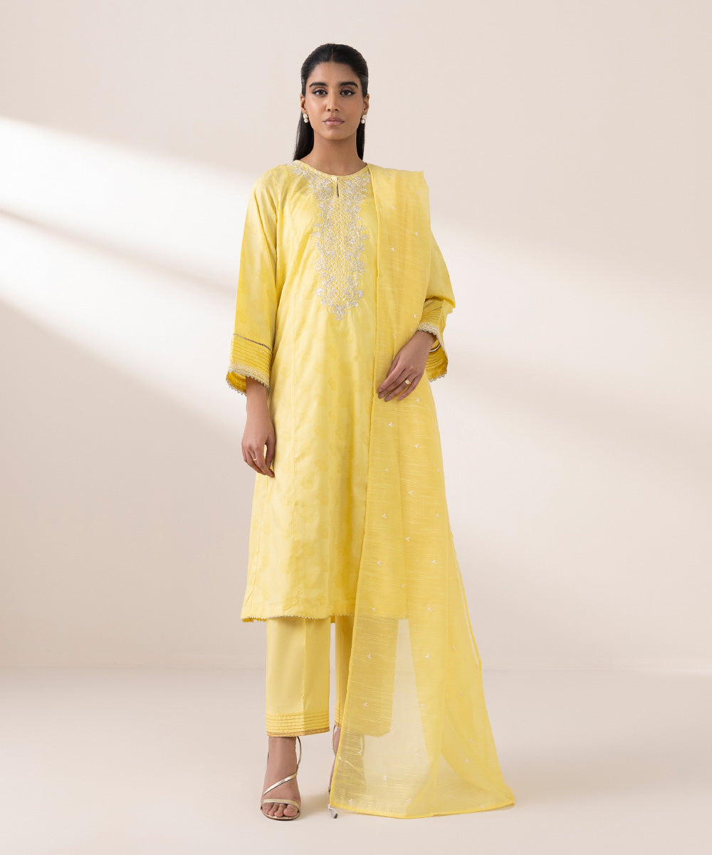 Blended Raw Net Yellow Embroidered Dupatta