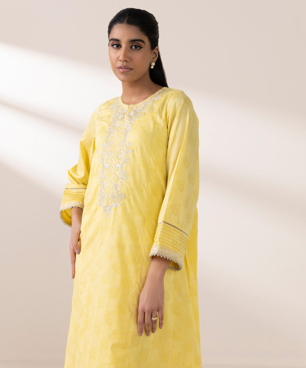 Women's Pret Self Jacquard Yellow Embroidered A-Line Shirt