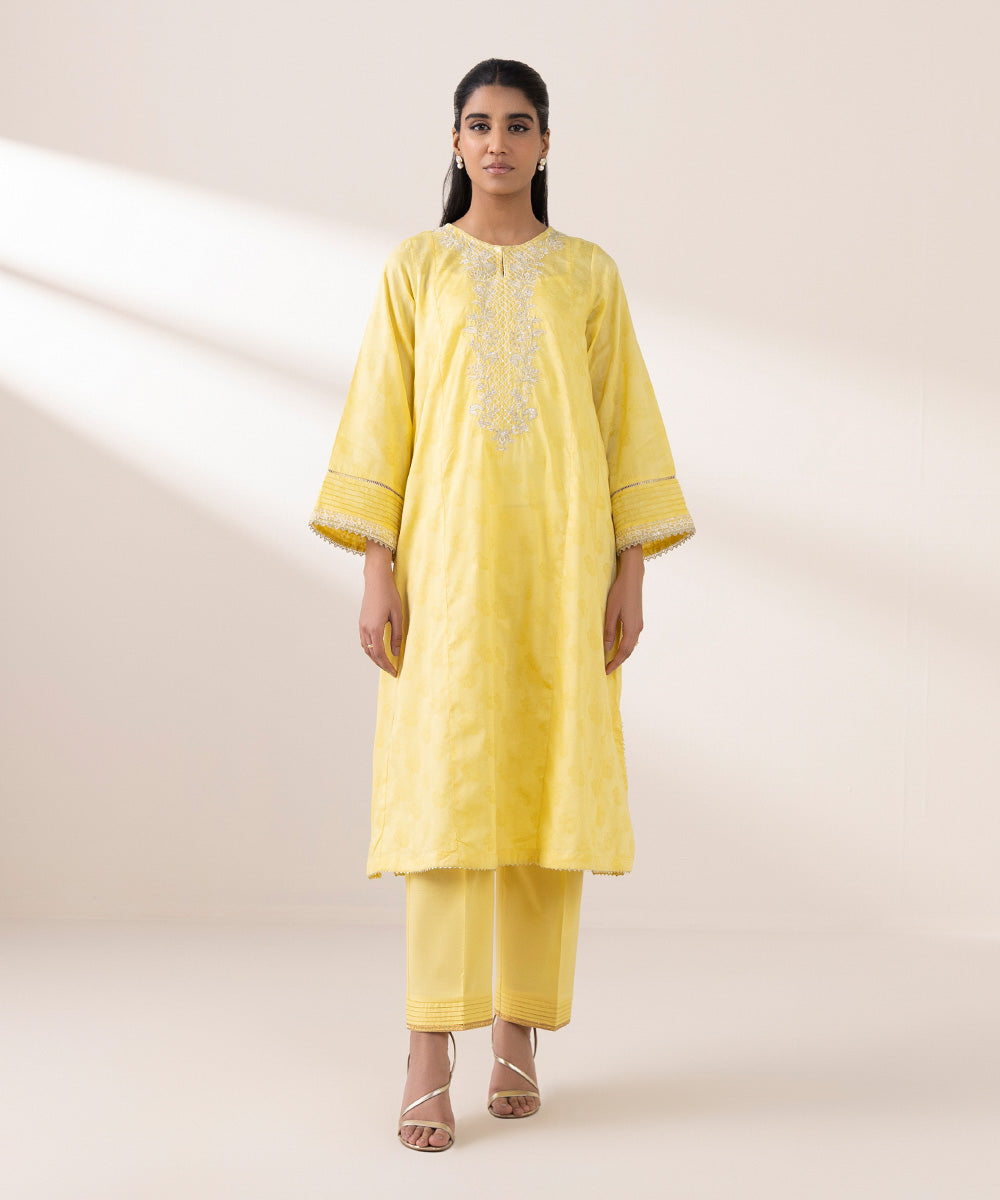 Women's Pret Self Jacquard Yellow Embroidered A-Line Shirt