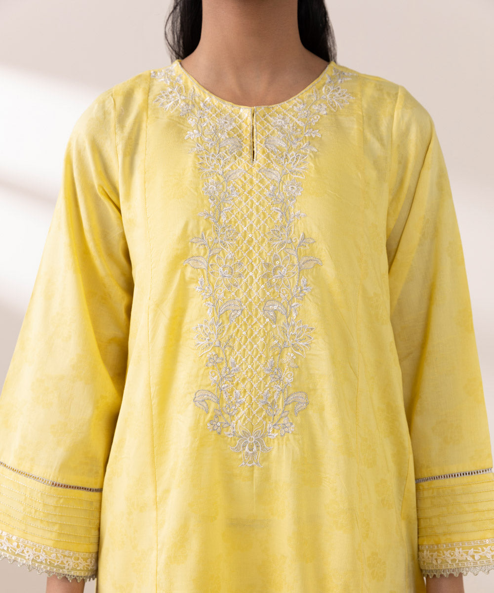 Women's Pret Self Jacquard Yellow Embroidered A-Line Shirt