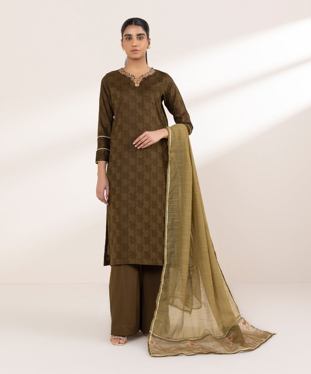 Blended Raw Net Green Embroidered Dupatta