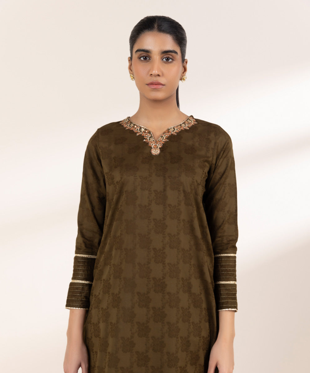 Women's Pret Self Jacquard Green Embroidered A-Line Shirt