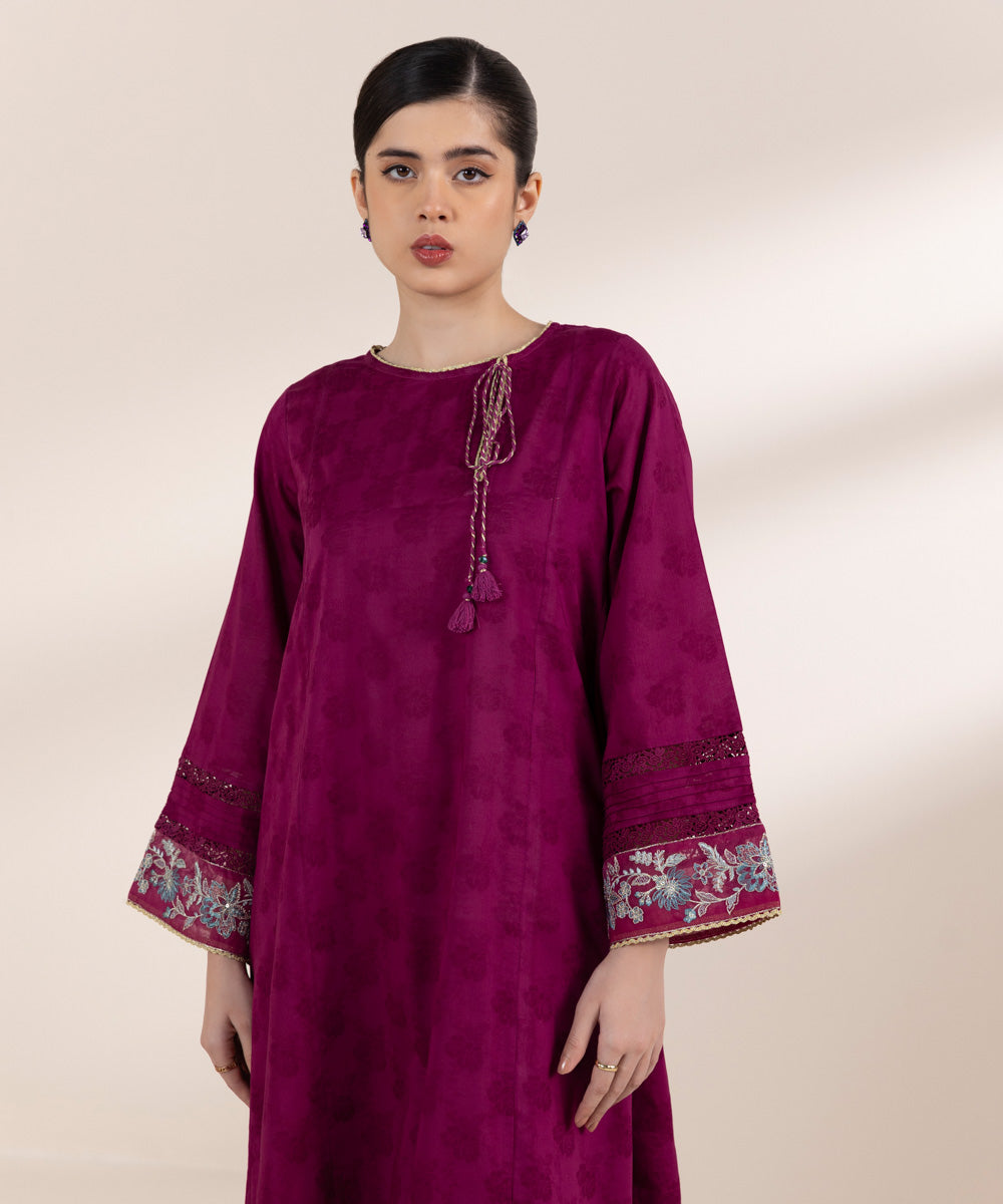 Women's Pret Self Jacquard Purple Embroidered A-Line Shirt