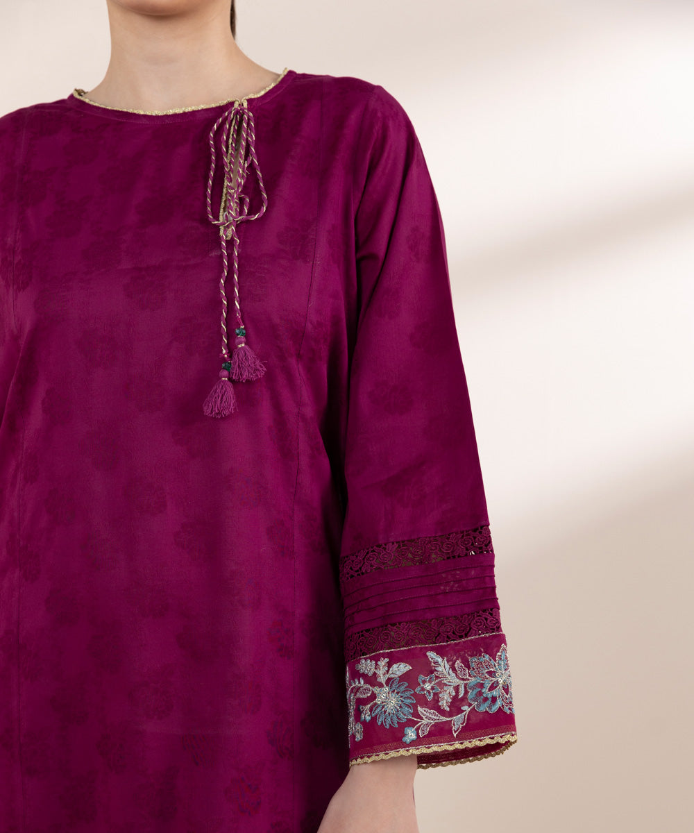 Women's Pret Self Jacquard Purple Embroidered A-Line Shirt