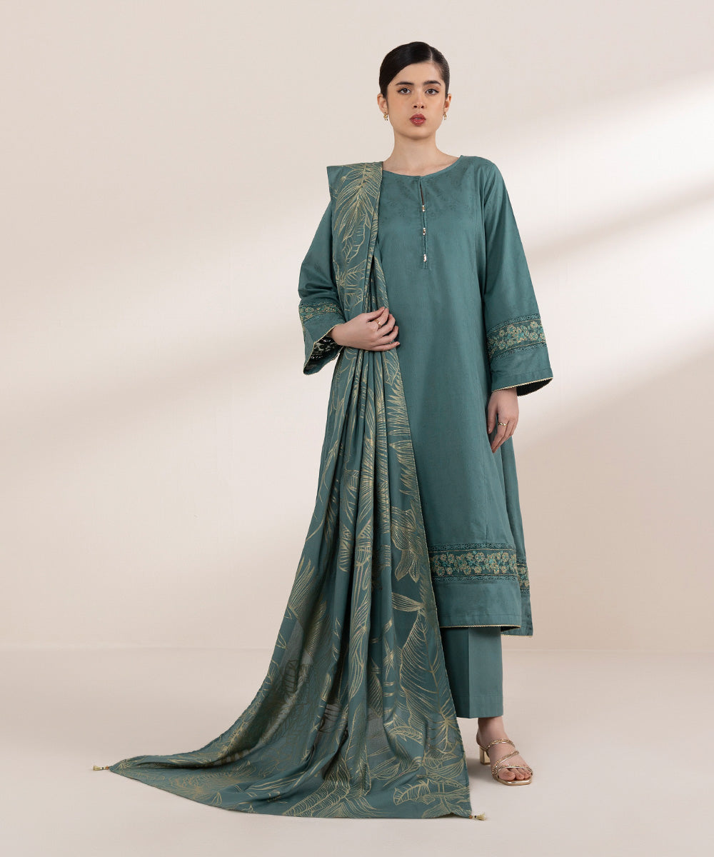 Extra Weft Jacquard Green Solid Dupatta