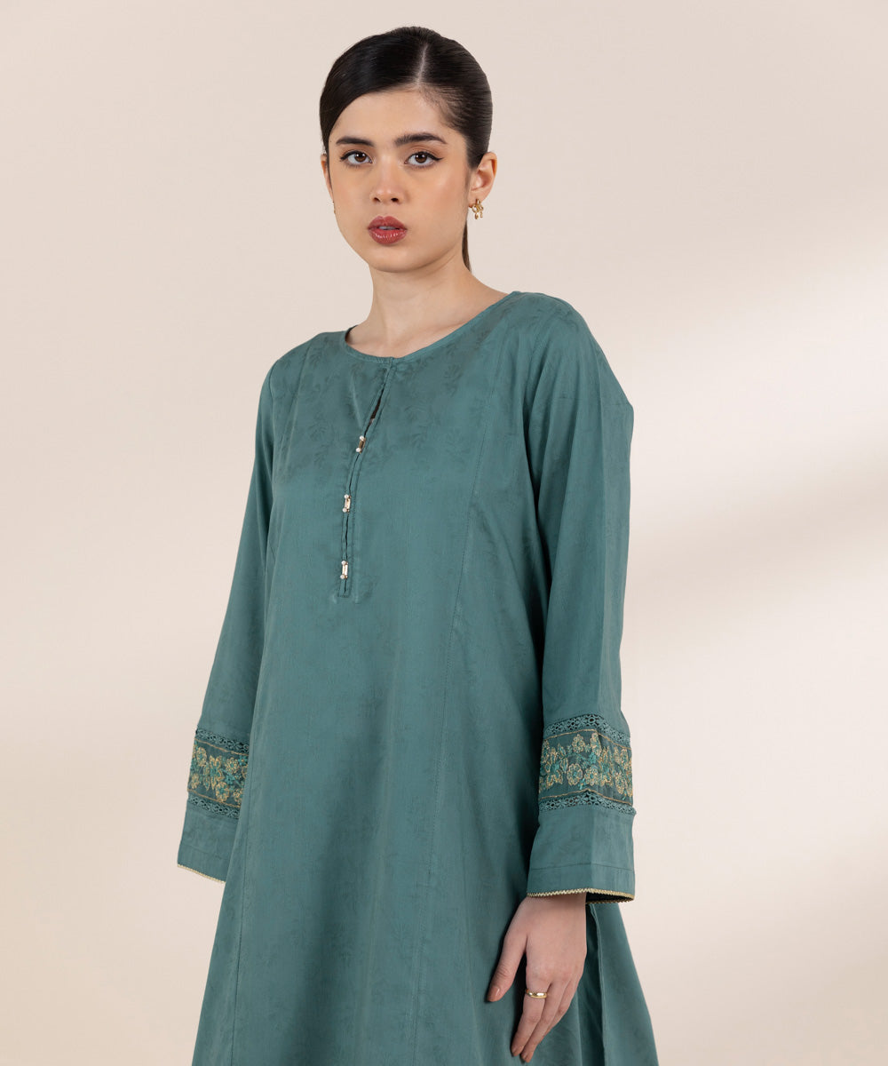 Women's Pret Self Jacquard Blue Embroidered A-Line Shirt