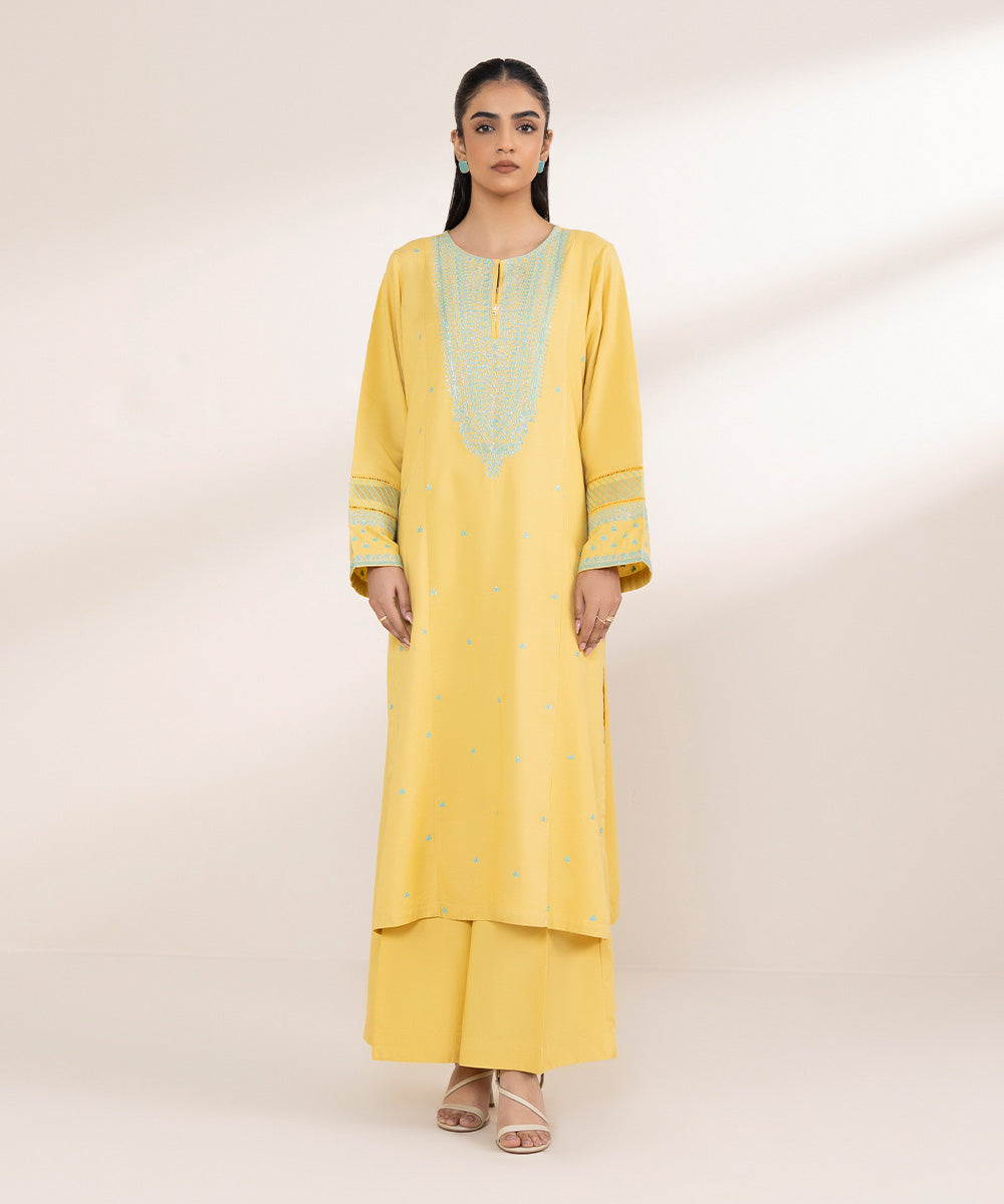 Women's Pret Cotton Viscose Yellow Embroidered A-Line Shirt