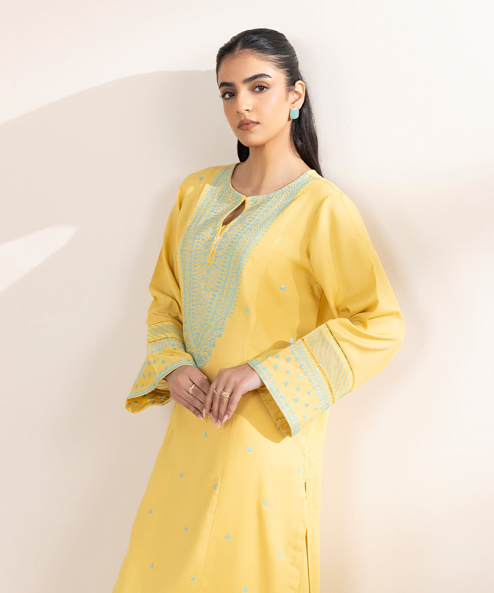 Women's Pret Cotton Viscose Yellow Embroidered A-Line Shirt