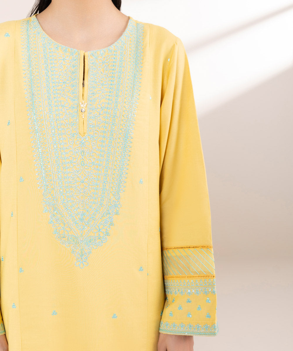 Women's Pret Cotton Viscose Yellow Embroidered A-Line Shirt