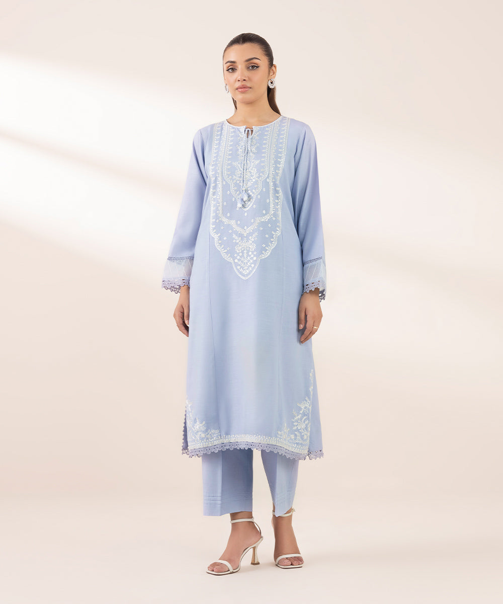 Women's RTW Raw Silk Blue Embroidered A-Line Shirt
