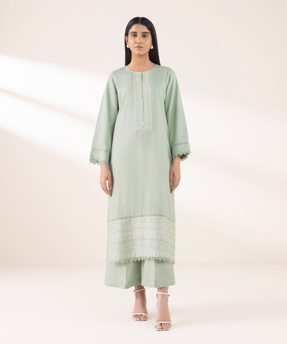 Women's RTW Lawn Green Embroidered A-Line Shirt
